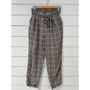 American Eagle Brown Plaid Paperbag Waist Pants XS Tapered Leg Button Front Tie
